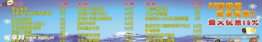 冷饮店价目表
