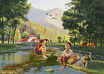 油画风景 山村小姐妹