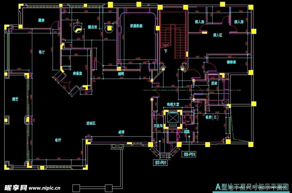 A型地下层尺寸标示平面图