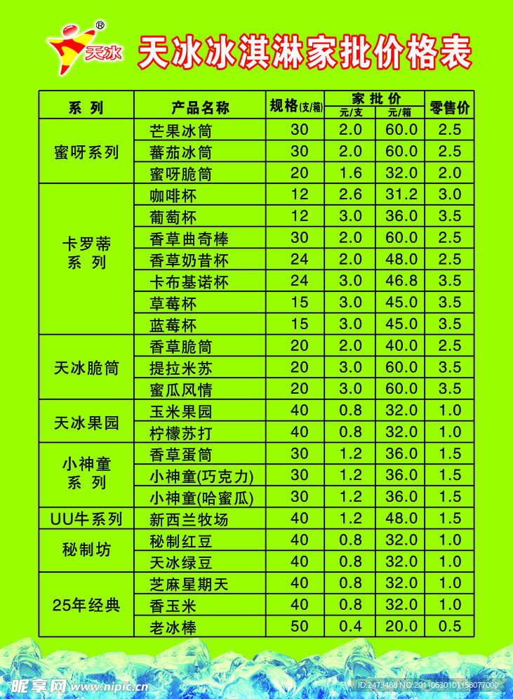 天冰冰淇淋价目表