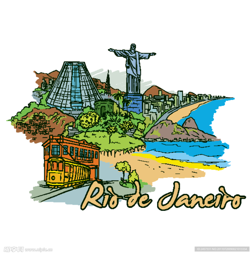 手绘巴西里约热内卢沿海城市建筑矢量