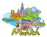 手绘德国慕尼黑旅游城市建筑