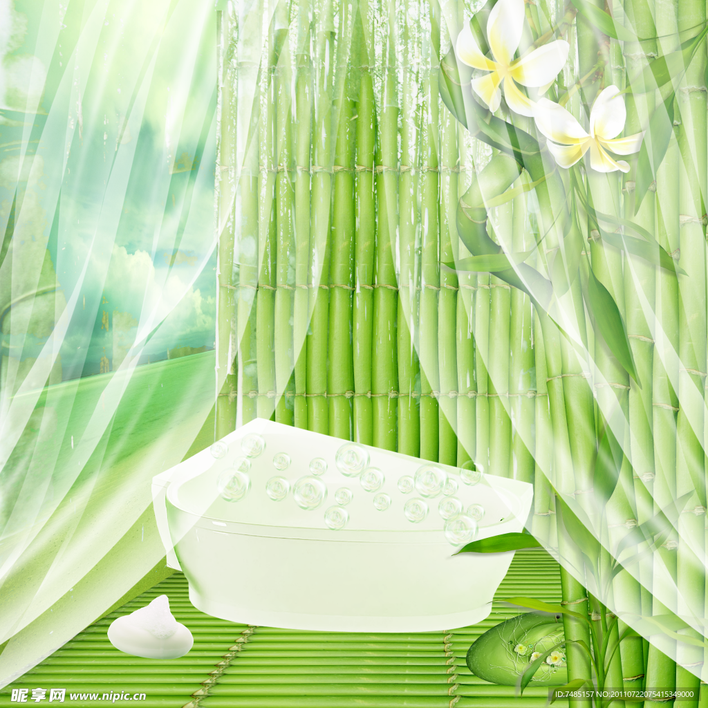 帘布浴盆鸡蛋花富贵竹相框背景设计