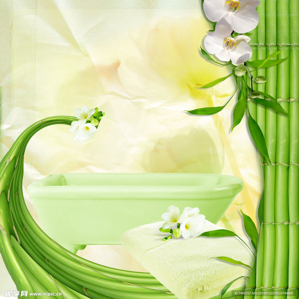 富贵竹花朵浴巾浴盆相框背景设计