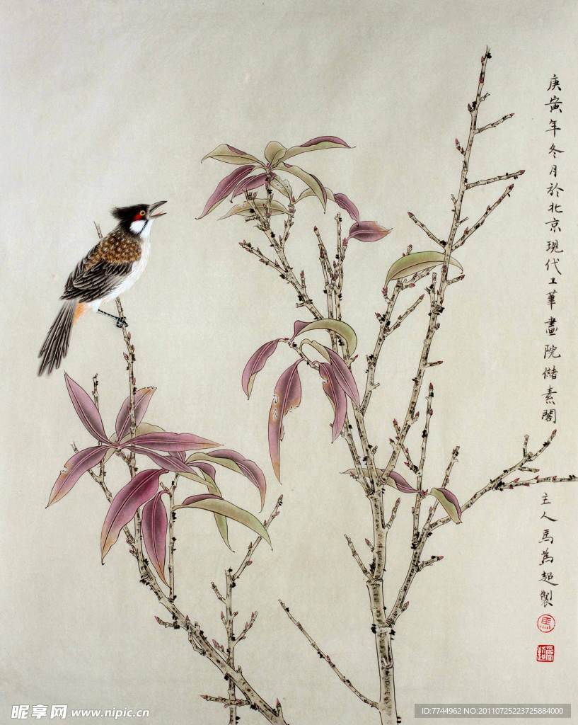 马为超工笔花鸟画之桃树小鸟