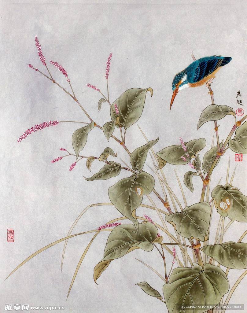 马为超工笔花鸟画之翠鸟水草图
