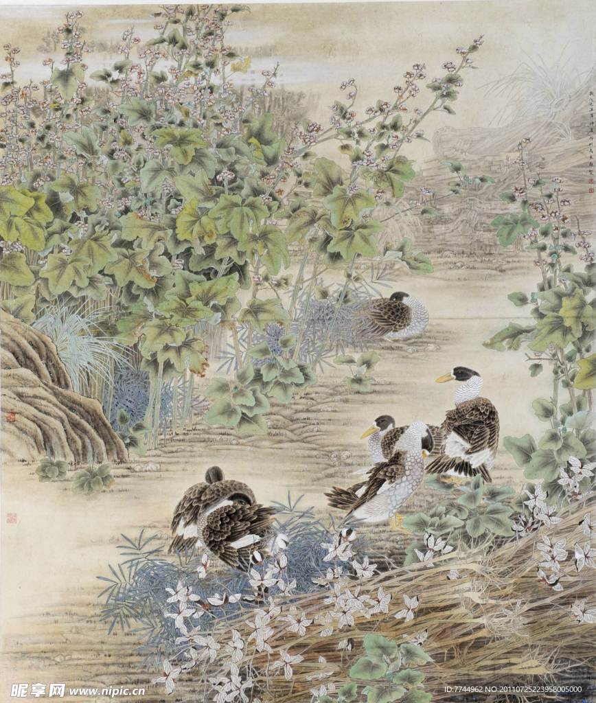 马为超工笔花鸟画之野鸭小溪图