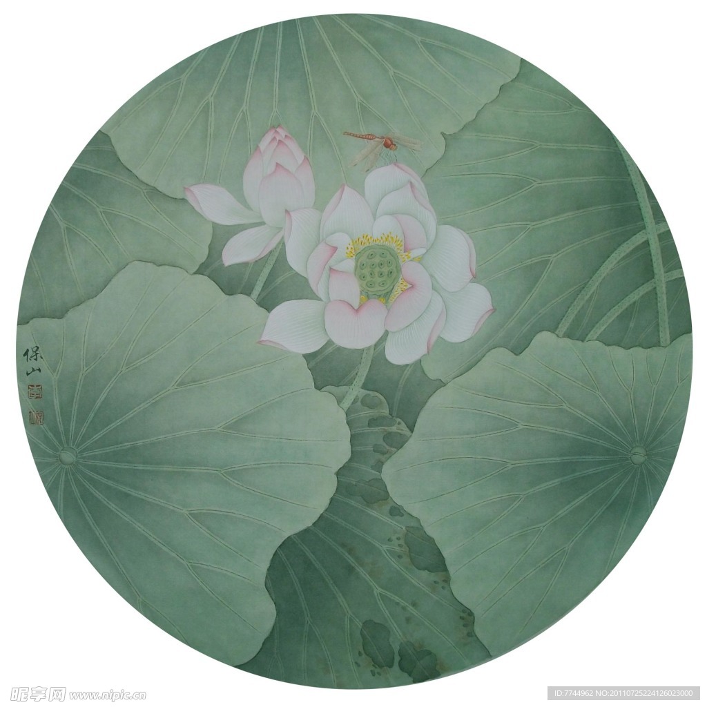 工笔荷花小品团扇