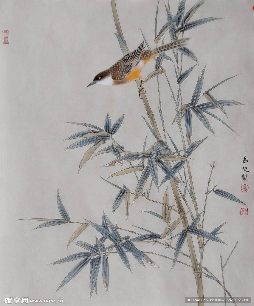 马为超工笔花鸟画之竹子红鸟图