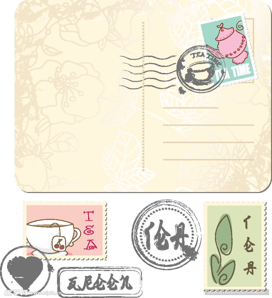 古典花纹邮戳明信片