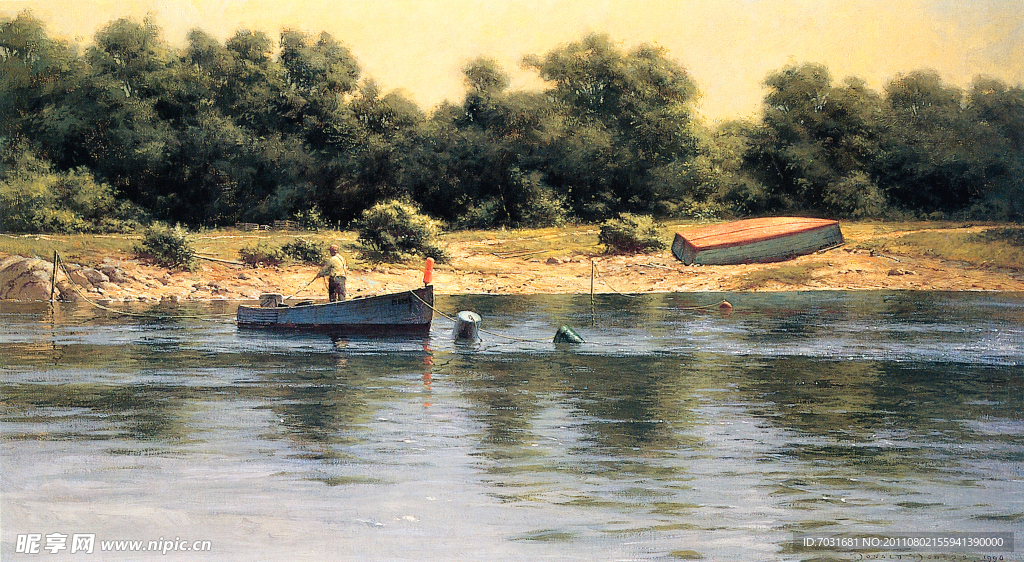 油画河边渔船