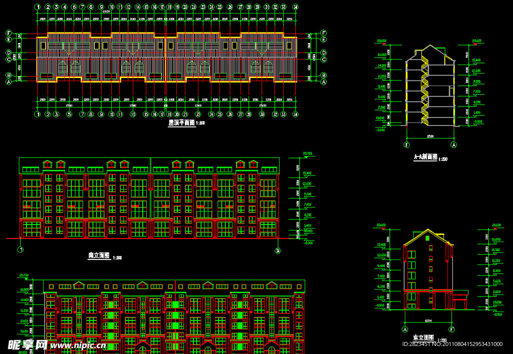 20栋住宅楼南北立面 屋顶层平面