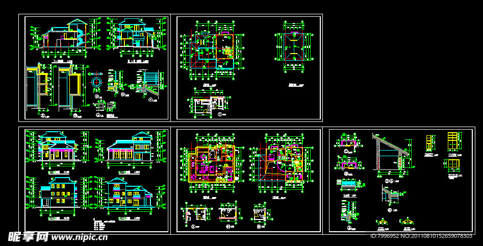 三层别墅CAD平面立面剖面图