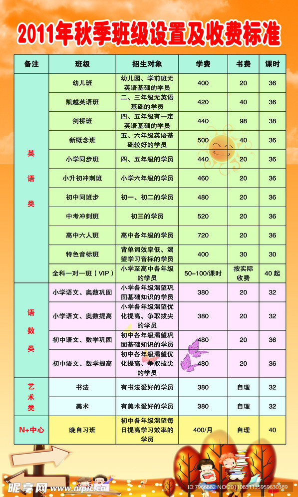 秋季收费标准表格