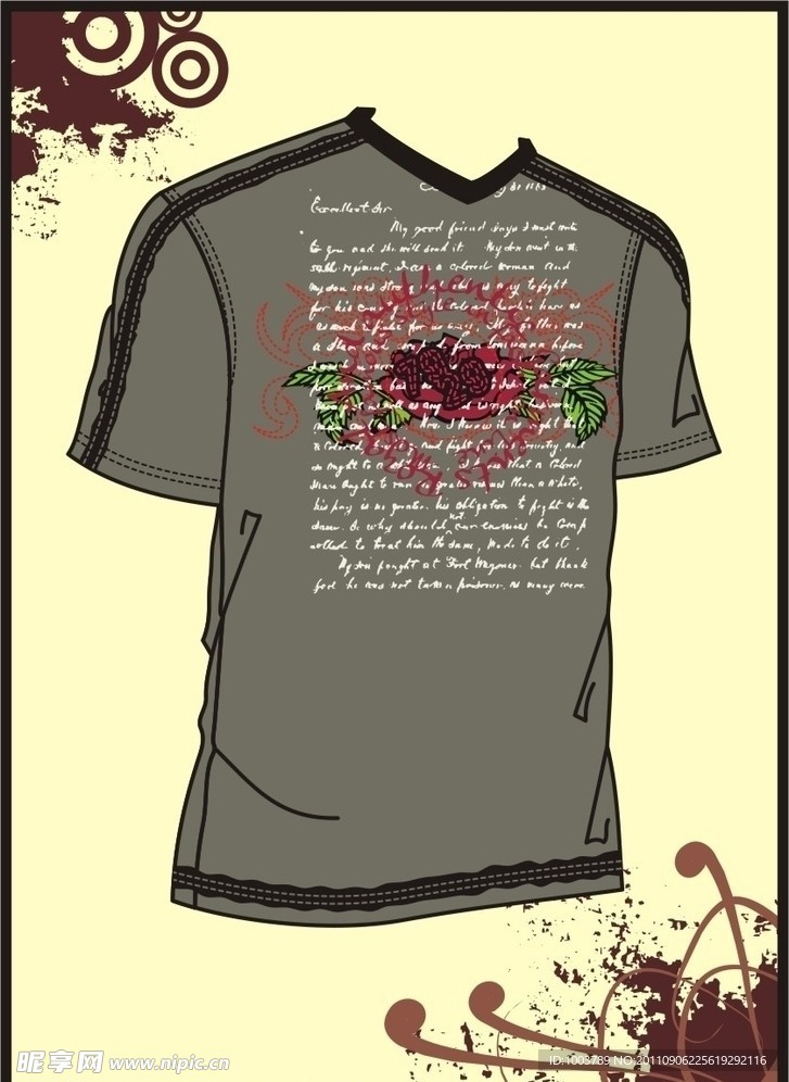 男装 T shirt 印花设计 树叶加书信