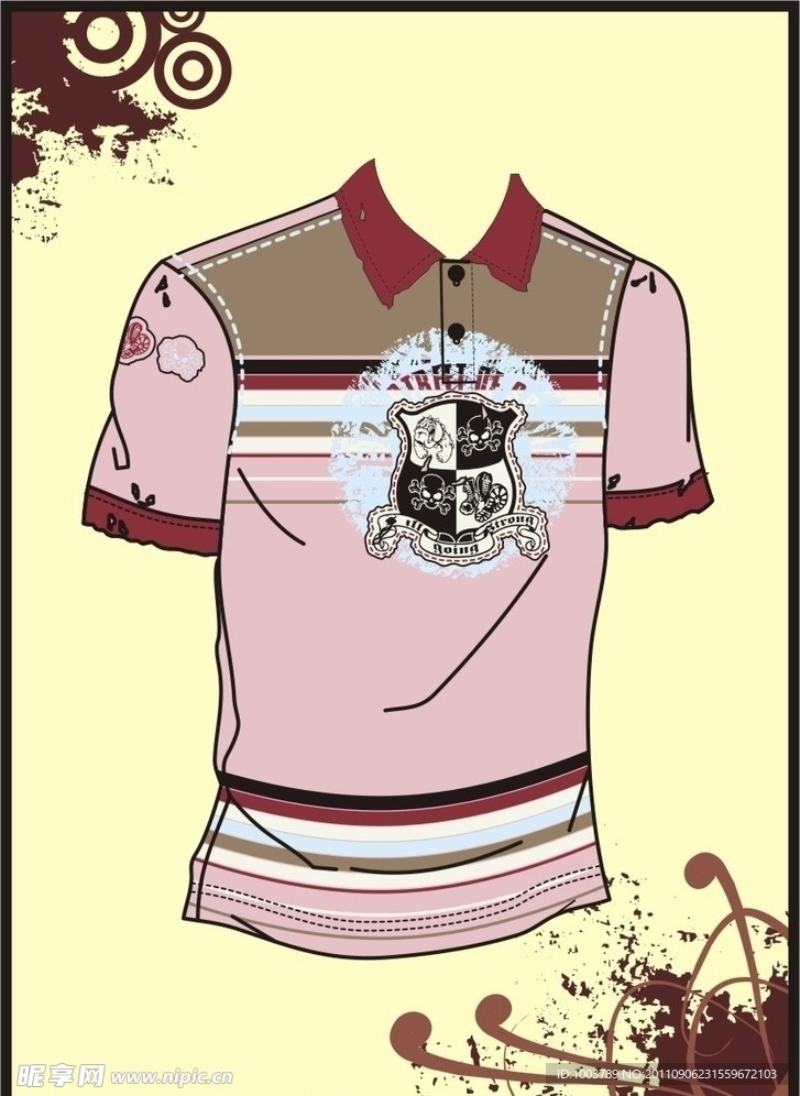 男装 T shirt 印花设计 彩条纹加印章