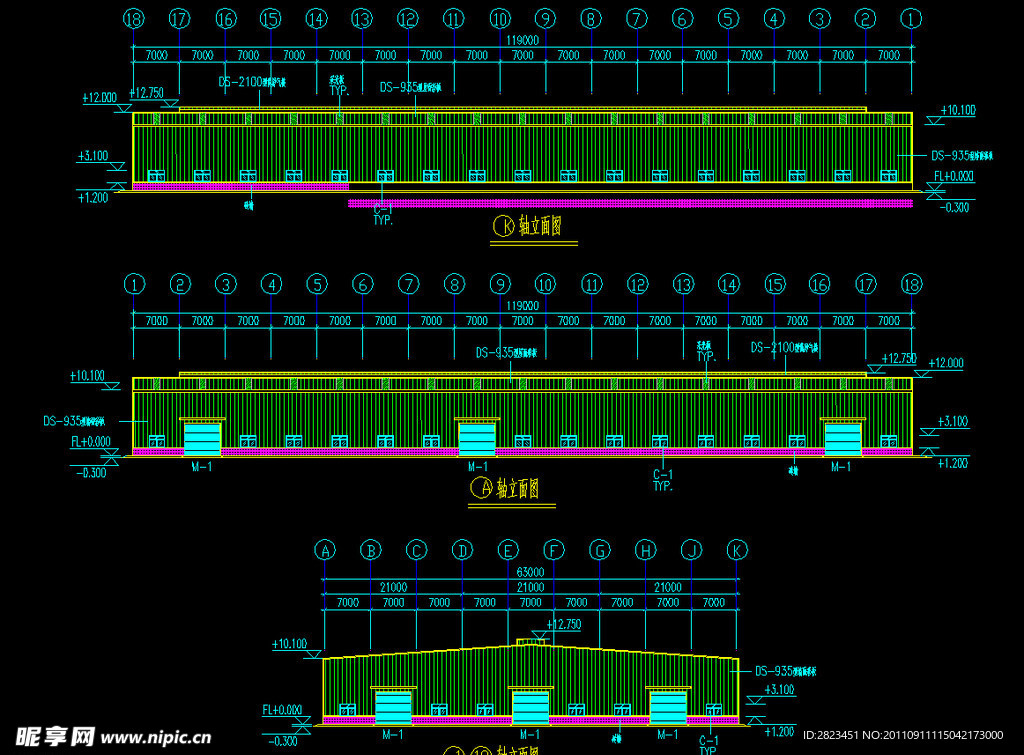 A栋厂房各轴立面图