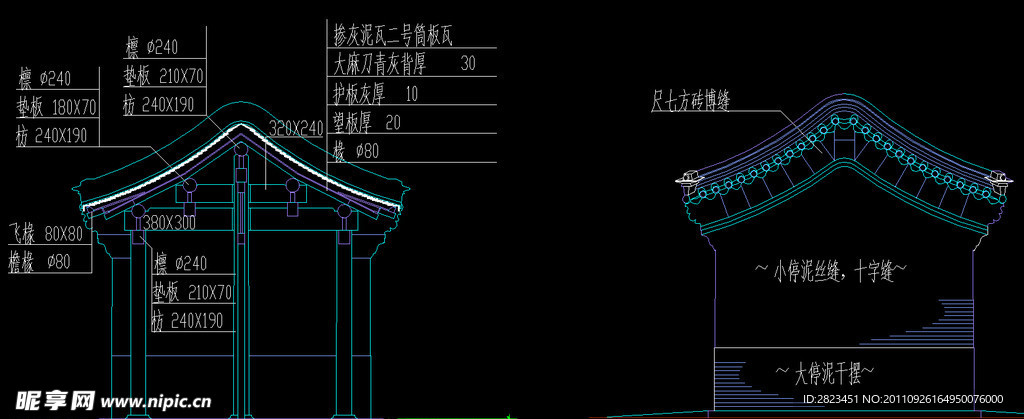 四合院别墅大门剖面及东立面