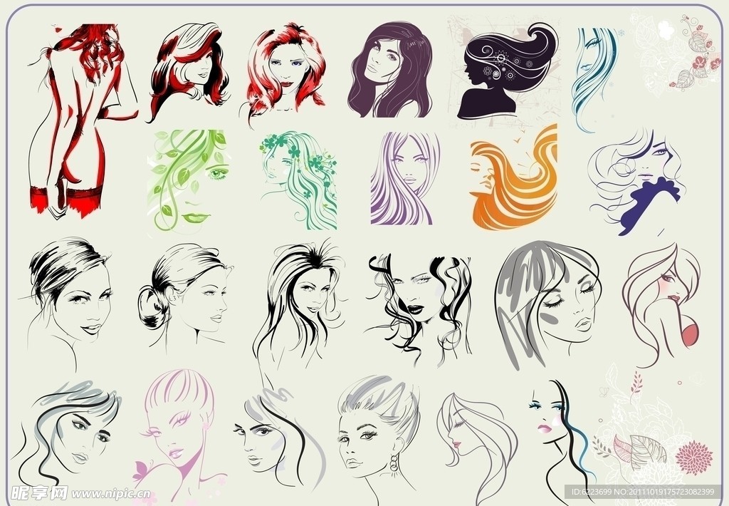 线描女性头部速写矢量素材