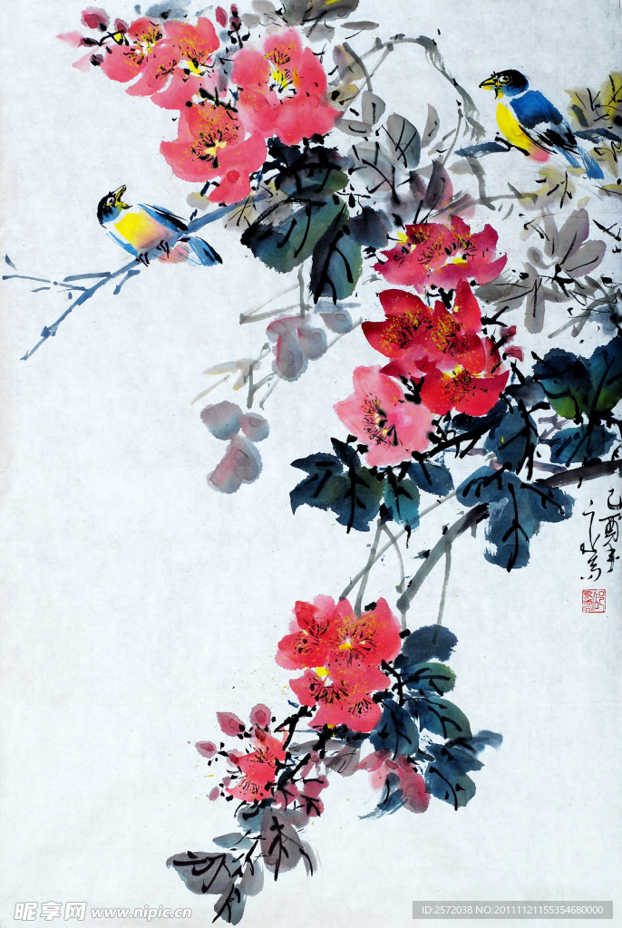 鸟栖花枝