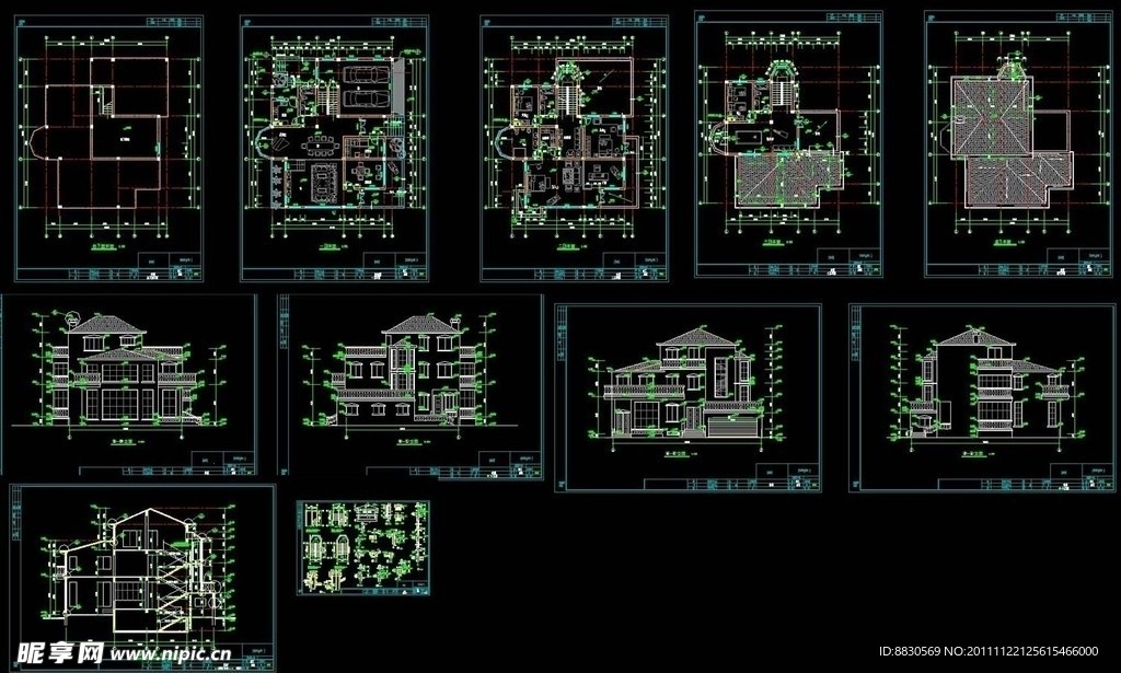 别墅建筑CAD施工图设计图__施工图纸_环境设计_设计图库_昵图网