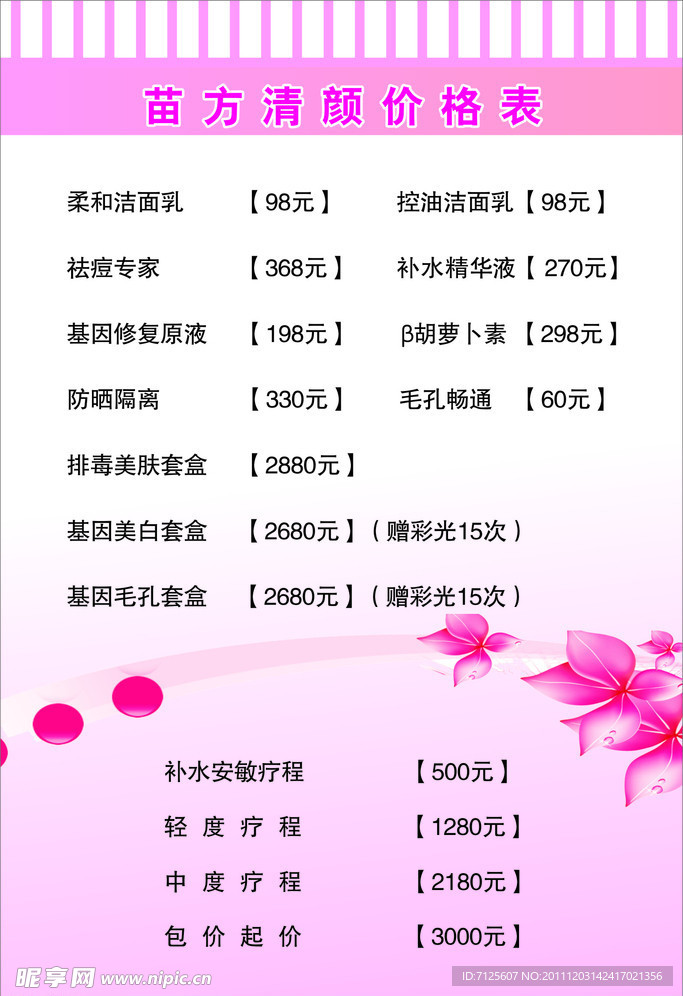 化妆品价格表
