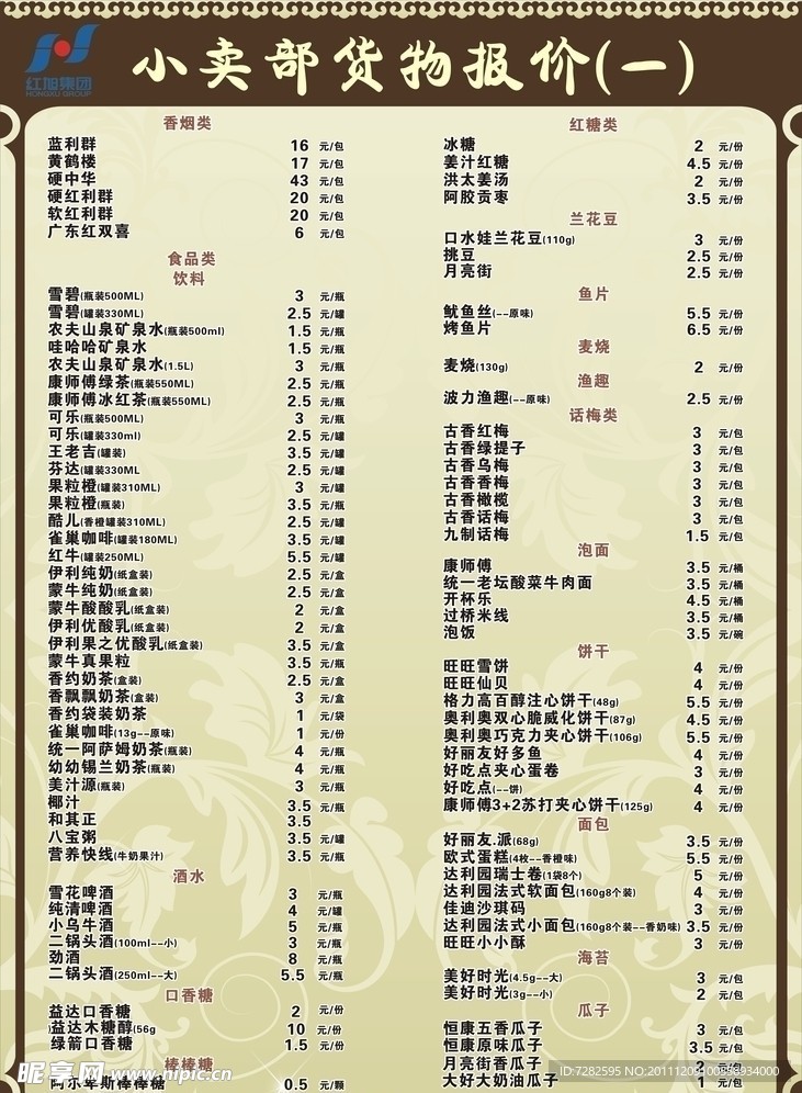价格表