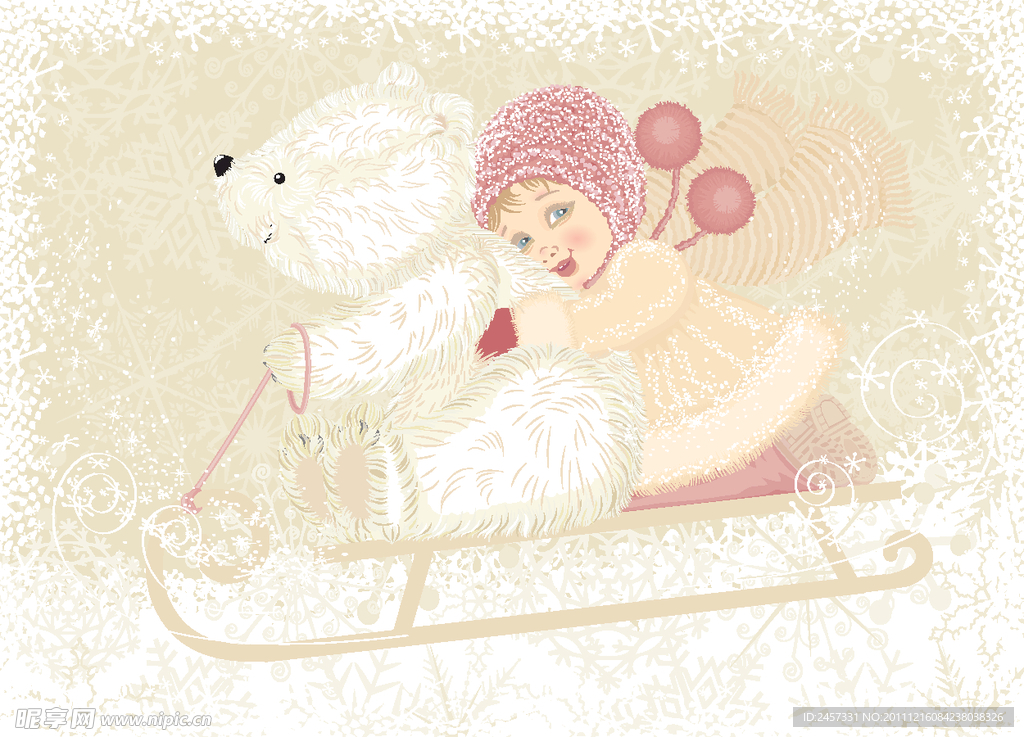 抱着小熊滑雪橇的小女孩