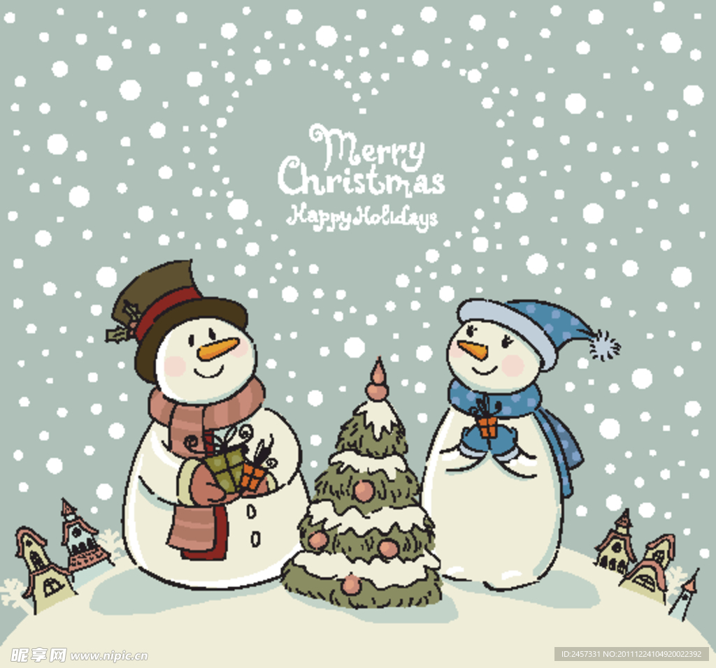 卡通雪人情侣圣诞背景