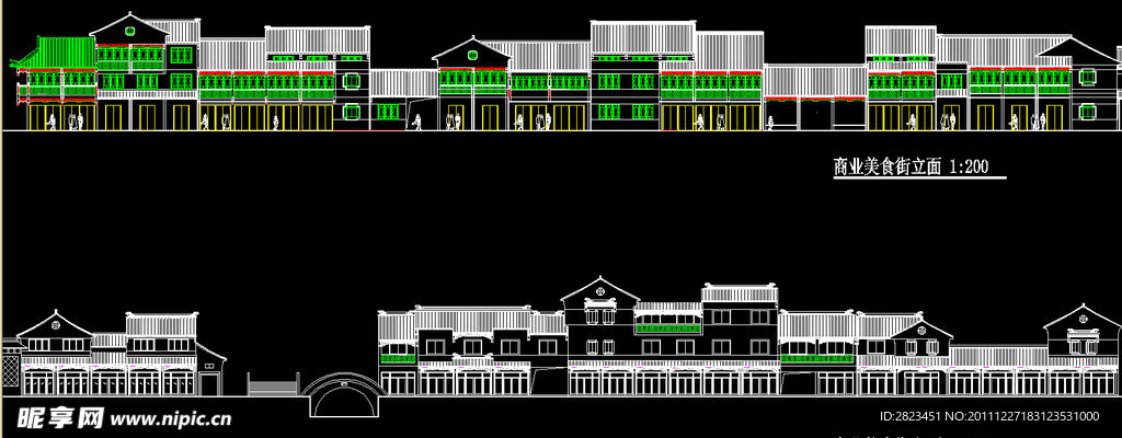 仿古商业美食街立面图