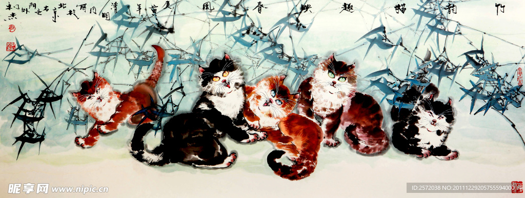 竹韵猫趣映春风