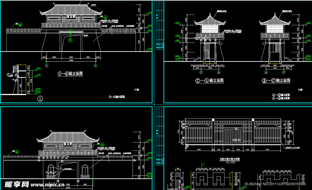 仿古山寨两层山门建施图