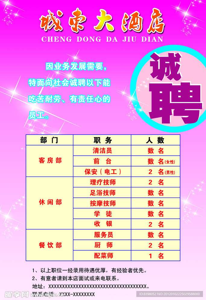 酒店休闲城诚聘