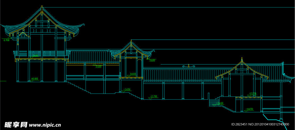 仿古建古风茶室坡地剖面图