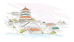 手绘中国古代建筑山水中的塔寺庙