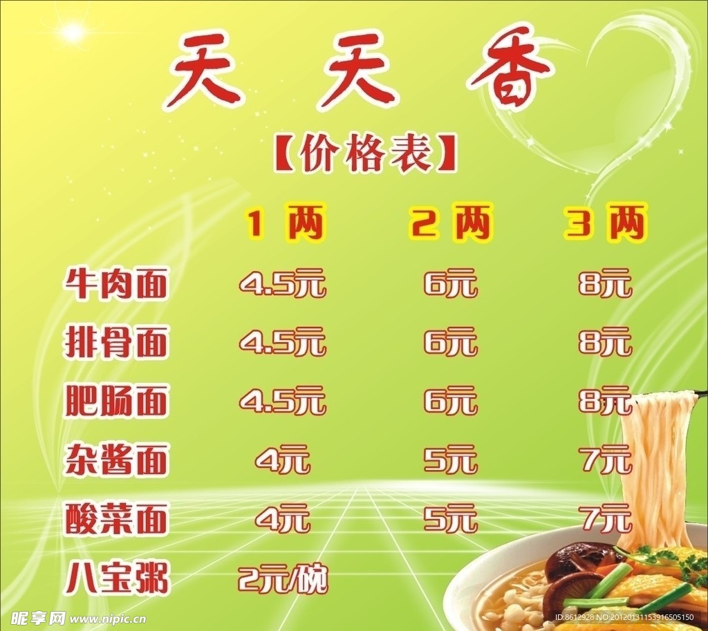 面馆价格表