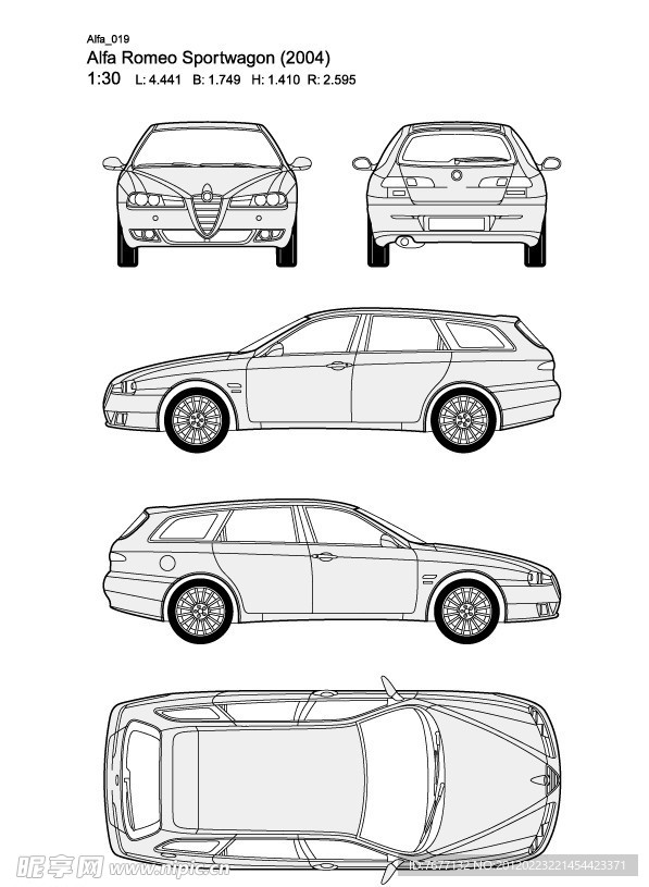 阿尔法·罗密欧 Sportwagon 2004款汽车线稿