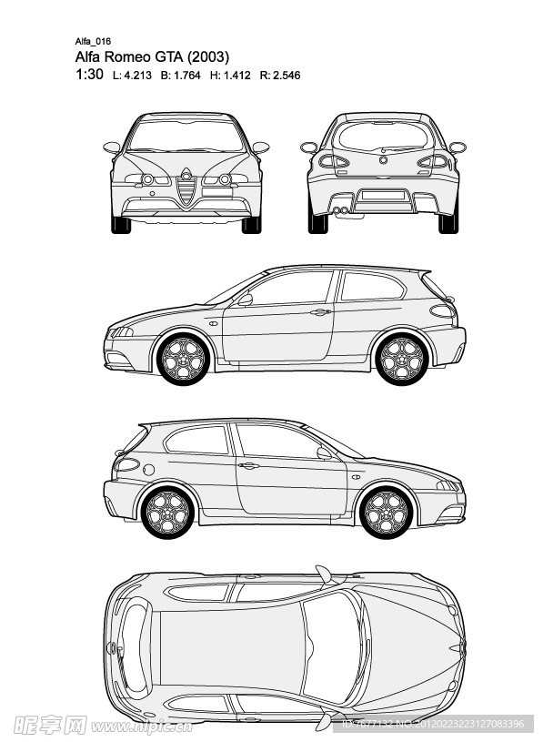 阿尔法Romeo GTA(2003)款汽车线稿