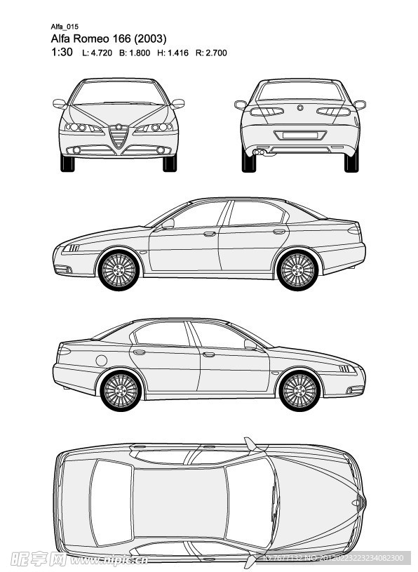 阿尔法Romeo 166(2003)款汽车线稿