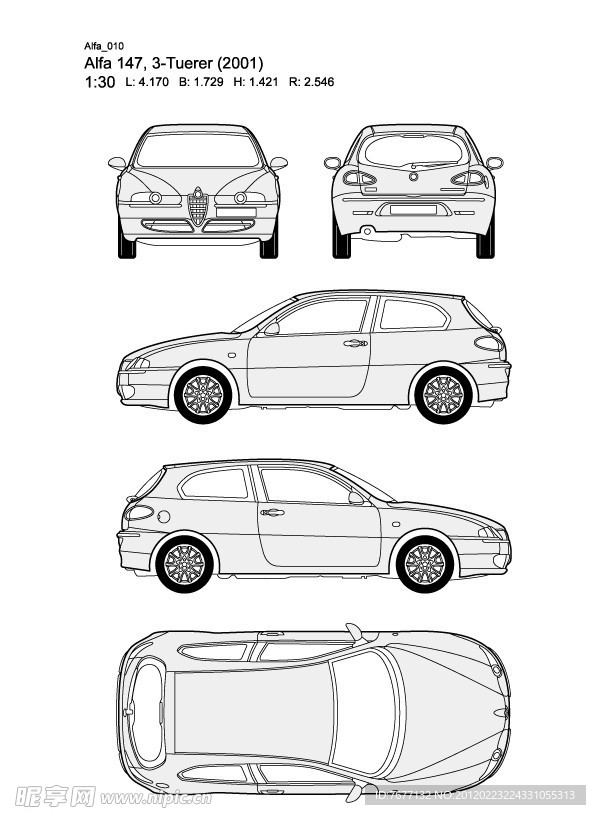 阿尔法Alfa 147 3 Tuerer(2001)款汽车线稿