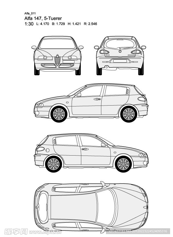 阿尔法Alfa 147 5 Tuerer款汽车线稿