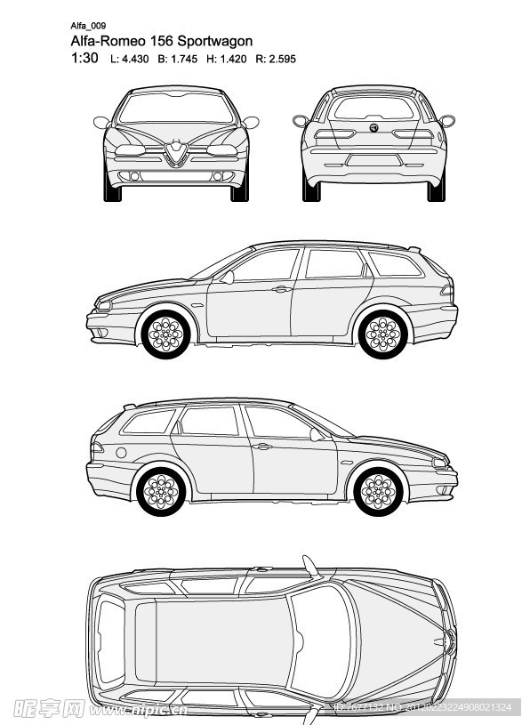阿尔法Romeo 156 Sportwagon款汽车线稿