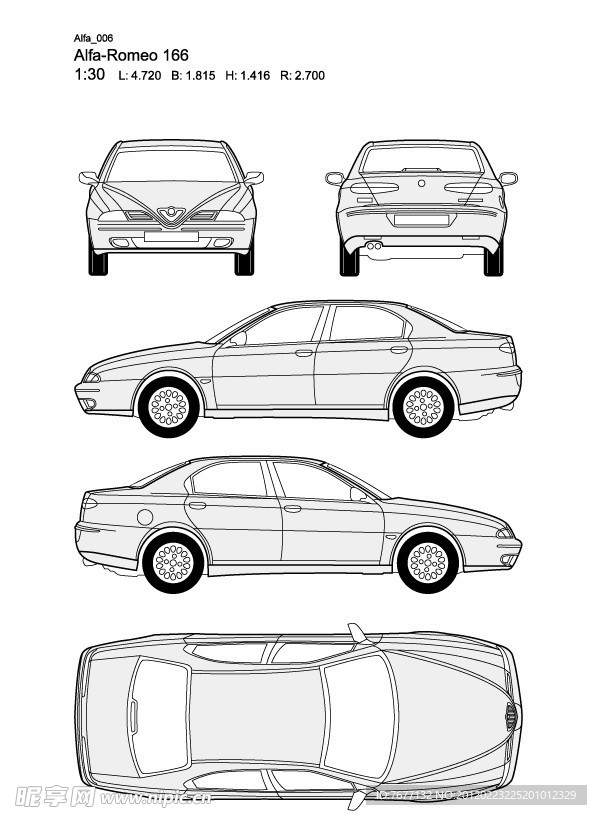 阿尔法Romeo 166款汽车线稿