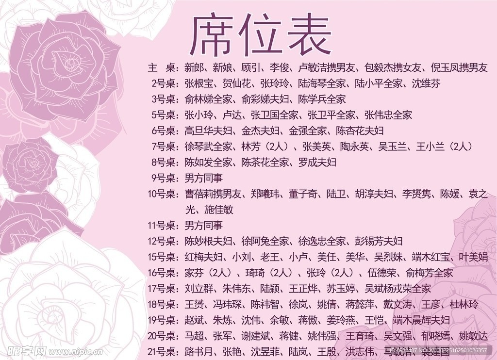 粉色席位卡