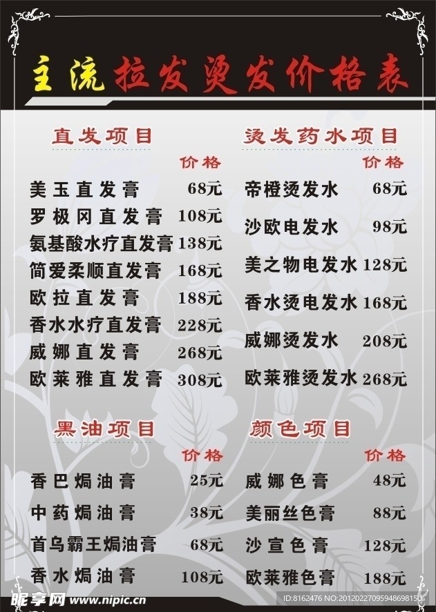 主流发型价格表