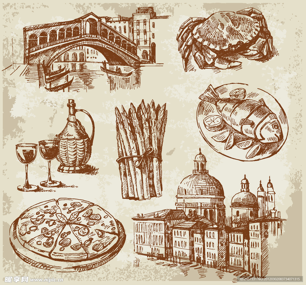 素描威尼斯城市建筑美食