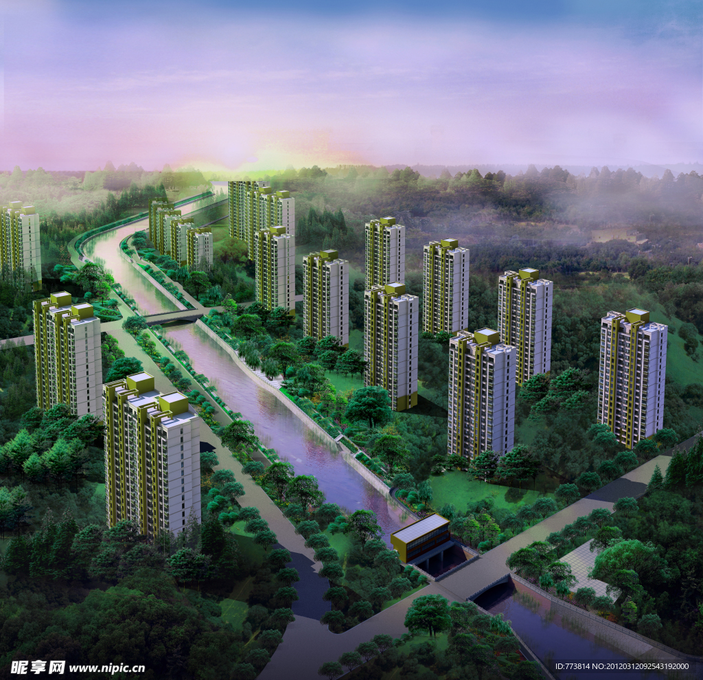 小区树林河道鸟瞰图