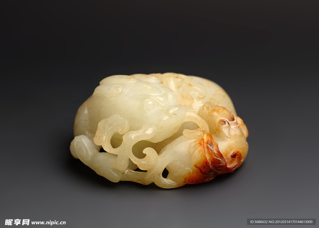 玉器 白玉母子兽小摆件