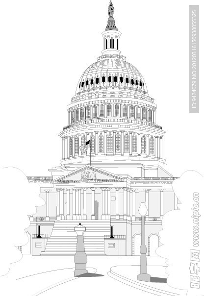 美国白宫线条单色素描图