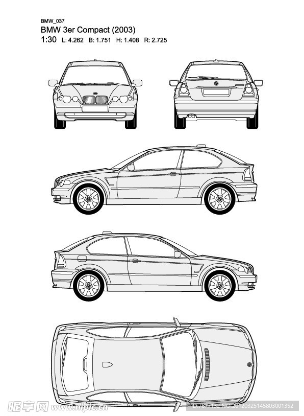 宝马3系 BMW 3er Compact(2003)汽车线稿图片